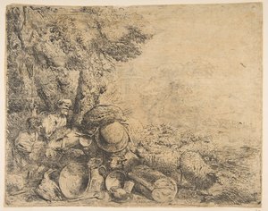 Dois pastores, um burro e outros animais em uma paisagem, ca. 1638-1640. de Giovanni Benedetto Castiglione