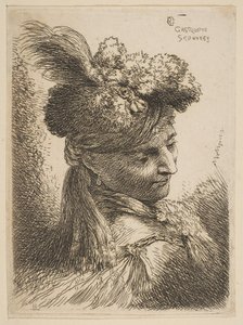 Jovem de frente três quartos à direita usando um cocar de pele com pluma, joia e..., ca. 1645-50. de Giovanni Benedetto Castiglione