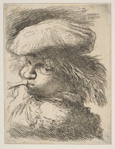 Jovem com uma trombeta voltada para a esquerda, da série Small Heads in Oriental ..., ca. 1645-1650. de Giovanni Benedetto Castiglione