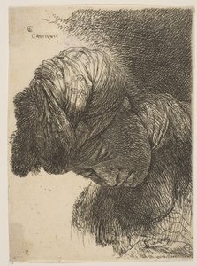 Jovem com a cabeça abaixada, usando um turbante, voltado para a esquerda, da série o ..., ca. 1645-1650. de Giovanni Benedetto Castiglione