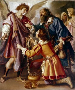 O Arcanjo Rafael recusou os presentes de Tobie Tobit oferecendo dinheiro ao Anjo companheiro de Tobie, que lhe devolveu a visão. Pintura de Giovanni Bilivert (1576-1644)