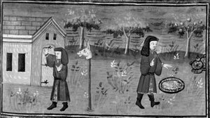 Decameron, Frédéric bate à porta de Madame Tessa; o homem encontra comida e vinho debaixo de um pessegueiro. Sétimo dia, conto 1 de Giovanni Boccaccio