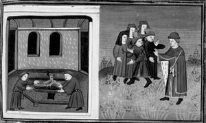 Decameron, Giovanni del Bragoniera e Biagio Pizzini roubam a relíquia ao irmão Ciboule; o frade marca as roupas dos aldeões com as brasas. Dia 6, notícia 10 de Giovanni Boccaccio