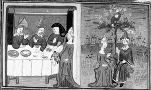 Decameron, Lidia mata o gavião do marido; a mulher conversa com o marido no prado. Sétimo dia, notícia 9 de Giovanni Boccaccio