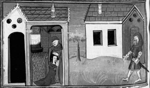 Decameron, Arimino ouve a confissão da mulher; o homem fica de guarda à porta da casa. Sétimo dia, conto 5 de Giovanni Boccaccio