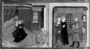 Decameron, o irmão Rinaldo dorme com a mãe do seu afilhado; o irmão é recompensado pelo pai da criança . Sétimo dia, conto 3 de Giovanni Boccaccio