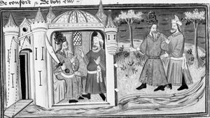 Decameron, Melquisedeque conta a Saladino a parábola dos três anéis; os dois homens tornam-se amigos. Primeiro dia, conto 3. de Giovanni Boccaccio