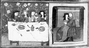 Decameron, Spinelloccio e Zeppa sentam-se à mesa com as suas mulheres; Zeppa beija a mulher de Spinelloccio. Dia oito, conto 8 de Giovanni Boccaccio