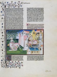 Gabriotto morre nos braços de Andreuola, Andreuola traz o seu corpo para casa e é preso, Andreuola é proclamado inocente e torna-se freira, miniatura de O Decameron, quarto dia, sexto conto, de Giovanni Boccaccio (1313-1375)