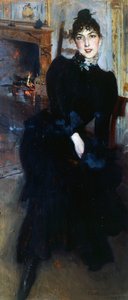 Alaide Banti na lareira (óleo no painel) de Giovanni Boldini