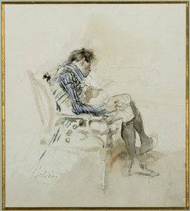 Cavalheiro sentado em uma poltrona lendo um livro e fumando um cachimbo de Giovanni Boldini