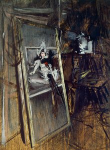 Dentro do estúdio da pintora com a pintura Young Girl, Errazuriz, de Giovanni Boldini (1842-1931) de Giovanni Boldini