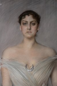 Retrato de uma senhora de branco com luvas e ventilador, detalhe de Giovanni Boldini