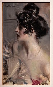 Perfil de uma morena jovem com o seu cabelo num pãozinho de Giovanni Boldini