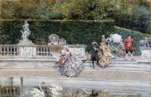 Vista do jardim de Versalhes com pessoas vestidas com roupas do século XVIII, de Giovanni Boldini (1842-1931), óleo sobre painel