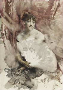 Mulher com ventilador sentado em uma caixa de teatro Condessa de Rasti, ca 1878 de Giovanni Boldini
