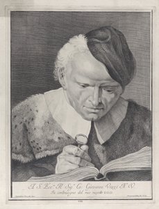 Homem de chapéu lendo um livro com uma lupa, 1743. de Giovanni Cattini