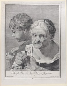 Velha com um rosário e um menino contando moedas, 1743. de Giovanni Cattini