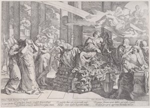 O suicídio de Dido que se reclina em uma pira no centro, cercado por muitas figuras, 1650-55. de Giovanni Cesare Testa