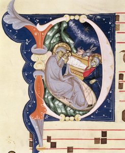 Ms 561 f.31v Historiated inicial &39;D&39; representando a Natividade, de um gradual do Mosteiro de San Jacopo di Ripoli, início do século XIV