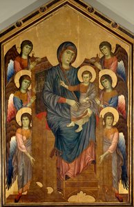 A Virgem e o Menino em Majestic rodeados por seis anjos. Pintura de Gualtieri Giovanni dit Cimabue (cerca de 1240-1302)