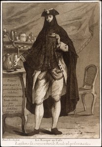 Um homem usando uma máscara bebendo uma xícara de café Le Masque au Caffé, 1775.