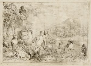 Paisagem com uma família de sátiros e escultura clássica de Giovanni David after Giovanni Benedetto Castiglione