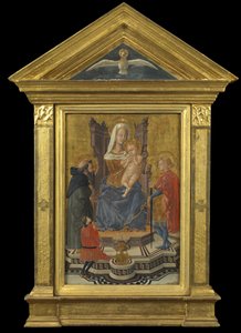 Virgem e Criança Entronizados, com os Santos Antônio Abade e Juliano e um Doador (frontão acima - Espírito Santo), c.1430 (tempera no painel) de Giovanni Di Ser Giovanni Lo Sheggia (attr. to) Guidi