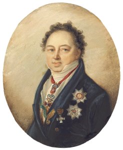 Conde Dmitry Pavlovich Tatishchev, voltado para a esquerda com casaco azul, colete branco e calça de Giovanni Domenico Bossi