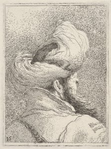 Homem barbudo com turbante, representado em busto de costas em vista de três quartos, da "Colecção de cabeças" (Raccolta di teste) de Giovanni Domenico Tiepolo