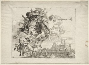 Fuga para o Egito: Dedicação com figura alada da fama com as armas do príncipe-bispo de Wurzburg de Giovanni Domenico Tiepolo