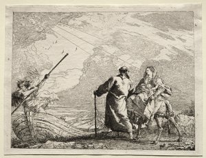 Fuga para o Egito: A Sagrada Família Chegando à Margem do Rio de Giovanni Domenico Tiepolo