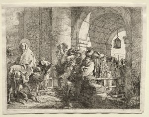 Fuga para o Egito: A Sagrada Família Passando sob um Arco. de Giovanni Domenico Tiepolo