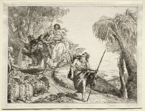 Fuga para o Egito: a Sagrada Família e o rebanho de ovelhas. de Giovanni Domenico Tiepolo