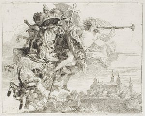 Frontispício: Os braços de Carl Philipp von Greiffenklau carregados no ar por um anjo, de A fuga para o Egito de Giovanni Domenico Tiepolo
