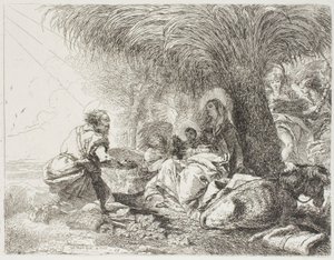 José adorando a criança enquanto dois anjos cantam, placa dezenove de A Fuga para o Egito de Giovanni Domenico Tiepolo