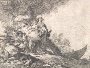 Joseph Adorando o Menino Jesus perto de um Altar Fumegante, da Fuga para o Egito, 1752. de Giovanni Domenico Tiepolo