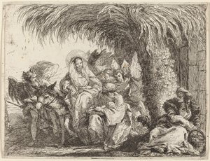 José ajoelha-se com a criança diante de Maria no burro de Giovanni Domenico Tiepolo