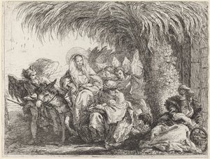 José ajoelha-se com a criança diante de Maria no burro de Giovanni Domenico Tiepolo