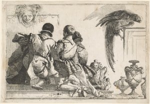 Páginas ajoelhadas, uma máscara e um papagaio de Giovanni Domenico Tiepolo