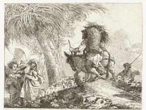 Maria com o Menino apoiada por um anjo e José conduz um jumento por um pastor com ovelhas Voo para o Egito (título da série) Idea pitoresca sopra la fugga em Egitto (título da série) de Giovanni Domenico Tiepolo