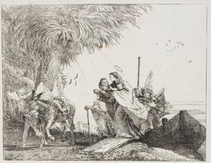 Maria, Ajudada por José e um Anjo, Saindo do Barco, placa dezoito de A Fuga para o Egito de Giovanni Domenico Tiepolo