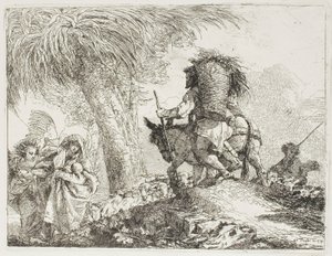 Maria, ajudada por um anjo, e José carregando a cesta, passando um rebanho, placa 24 de A Fuga para o Egito de Giovanni Domenico Tiepolo