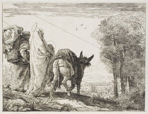 Maria segurando a criança em seus braços e José com a cesta, prato dez de A Fuga para o Egito de Giovanni Domenico Tiepolo