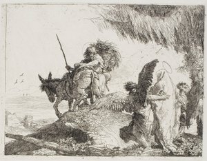 Maria, apoiada por dois anjos, segue José, placa 26 de A Fuga para o Egito de Giovanni Domenico Tiepolo