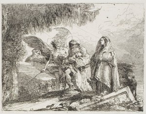 Maria e José, segurando a criança, são escoltados por um anjo, placa doze de A Fuga para o Egito de Giovanni Domenico Tiepolo