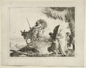 A fuga para o Egito: a fuga com a Madona à direita apoiada por anjos de Giovanni Domenico Tiepolo