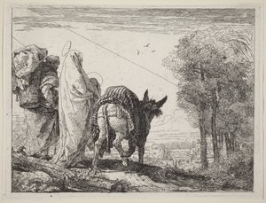 A fuga com a Sagrada Família à esquerda de Giovanni Domenico Tiepolo