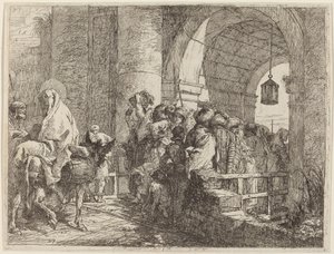 A Sagrada Família chegando em um portão da cidade de Giovanni Domenico Tiepolo
