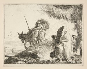 A Sagrada Família Entre Dois Anjos, da série Idee pittoresche sopra la fuga em Egitto (Voo para o Egipto) de Giovanni Domenico Tiepolo